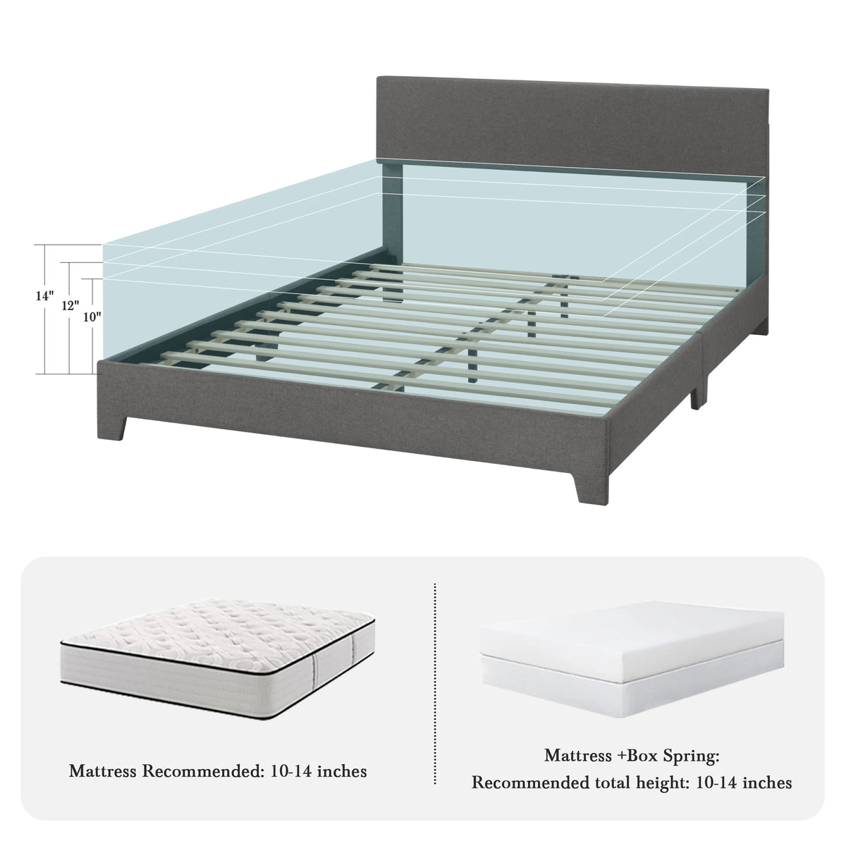 lit gris moderne tissu uni cadre assemblage matelas recommandé boîte springs adjustable headboard