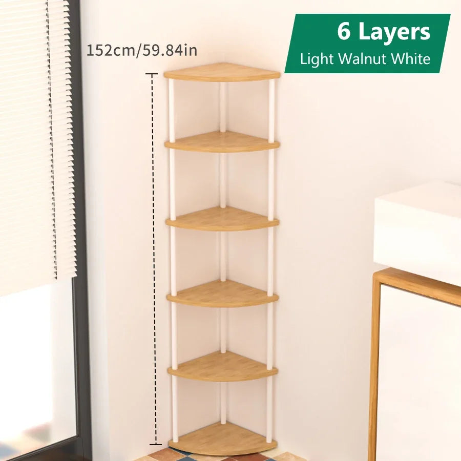 étagère d'angle murale bois moderne brun foncé rangement livres décorations plantes chambre salon minimaliste
