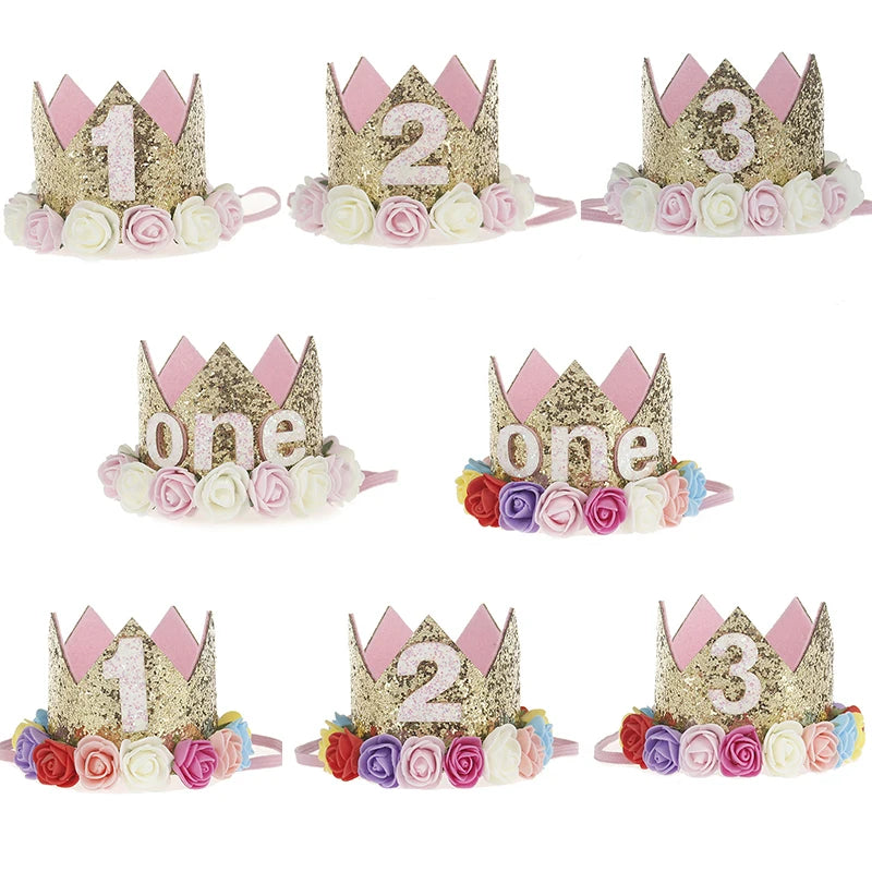 couronne enfant anniversaire ans paillettes or rose blanche fleurs artificielles bandeau élastique princesse festif