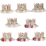 couronne enfant anniversaire ans paillettes or rose blanche fleurs artificielles bandeau élastique princesse festif