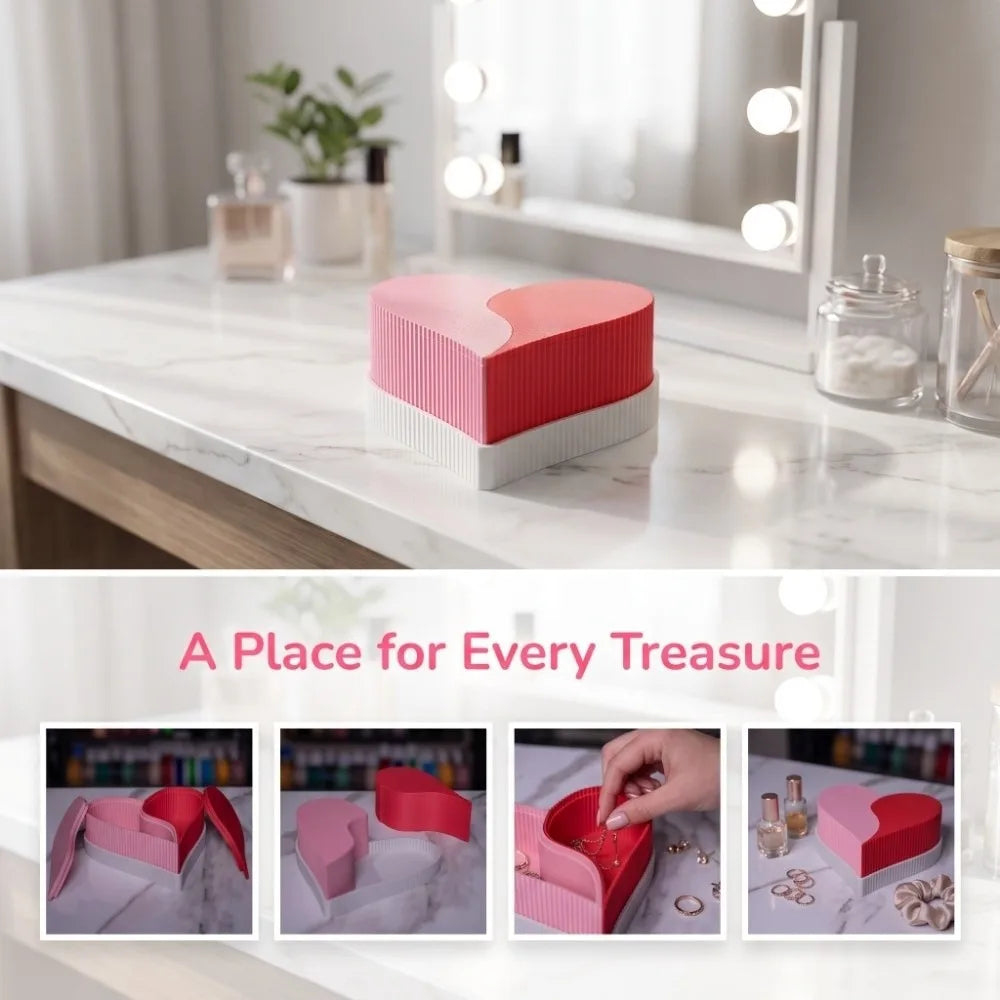 boîte bijoux cœur rose rouge rayures moderne deux compartiments amovibles durable plastique polyester