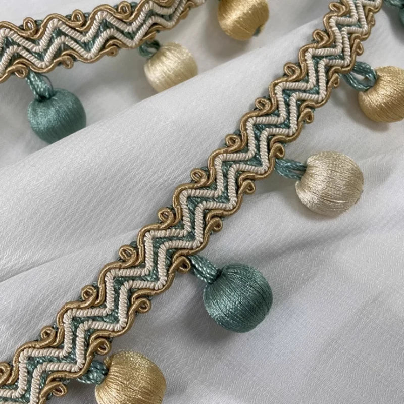 ruban rideau pompons vert doré élégant décoration partie zigzag coton polyester