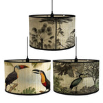 abat jour vintage imprimé tropical oiseaux plantes suspension couleur beige noir vert rouge jaune