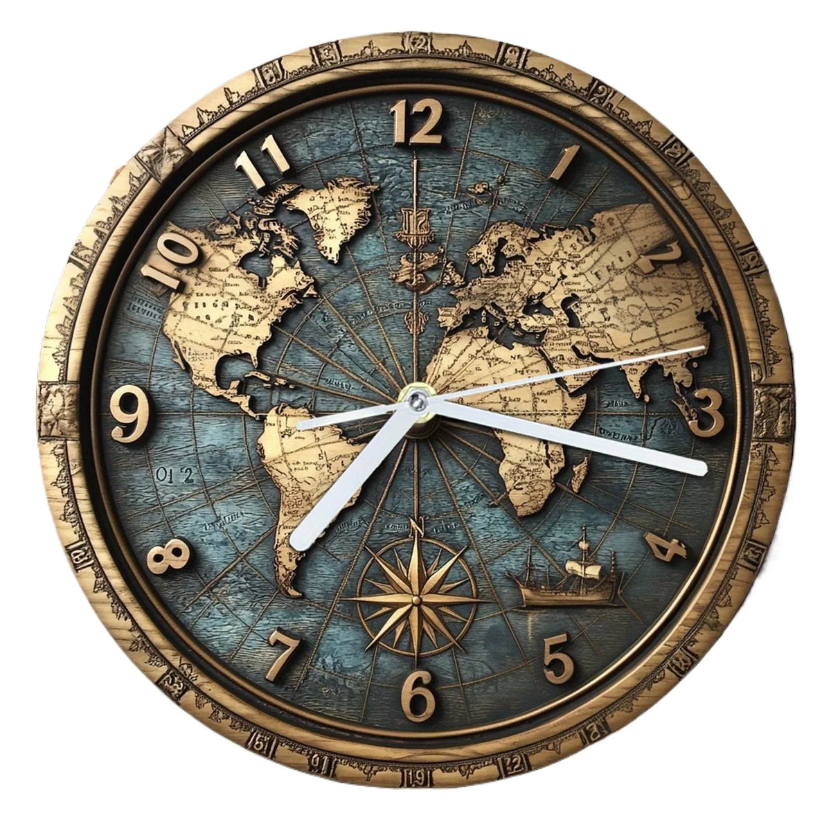 horloge murale vintage carte monde boussole bleu doré aiguille silencieuse salle manger