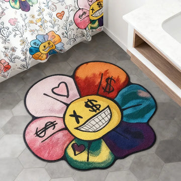 tapis multicolore fleurs symboles monétaires coeurs visages stylisés moderne pop art salon chambre 100x100cm