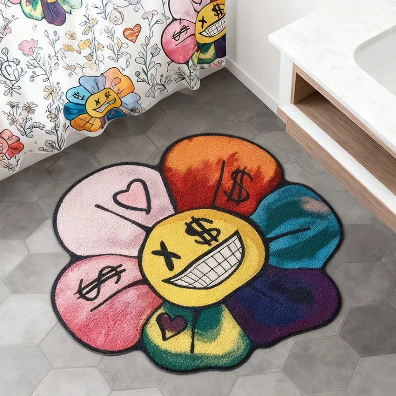 tapis multicolore fleurs symboles monétaires coeurs visages stylisés moderne pop art salon chambre 100x100cm