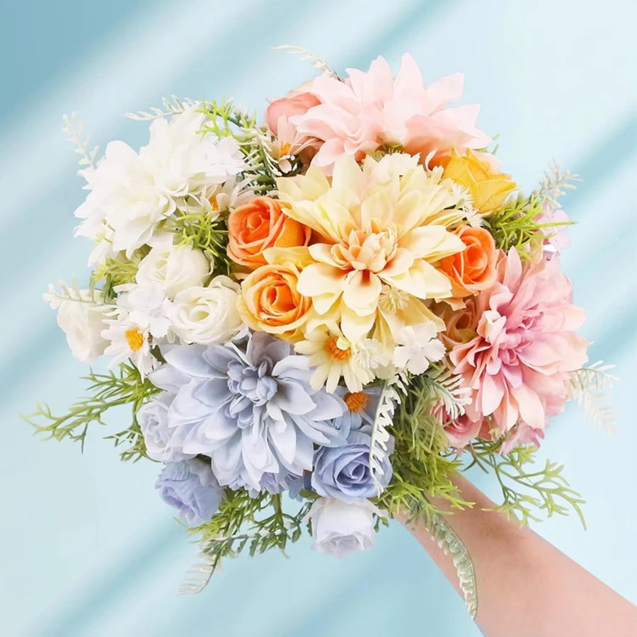 décoration mariage bouquet fleurs artificielles roses dahlias hortensias intérieur romantique champêtre