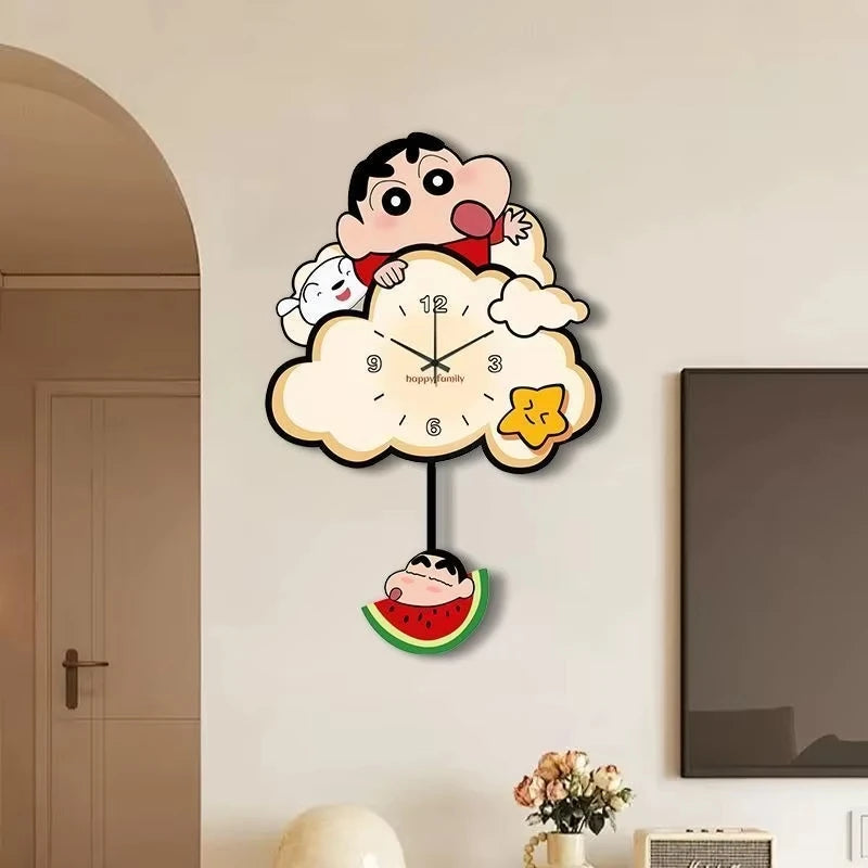 horloge murale crayon shin chan dessins animés moderne happy family personnages animaux motifs floraux
