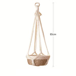 panier suspendu boho tissé motifs géométriques couleur beige vert anneaux métalliques rustic decoration jardin