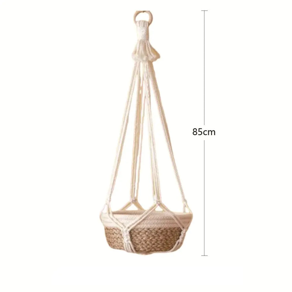 panier suspendu boho tissé motifs géométriques couleur beige vert anneaux métalliques rustic decoration jardin