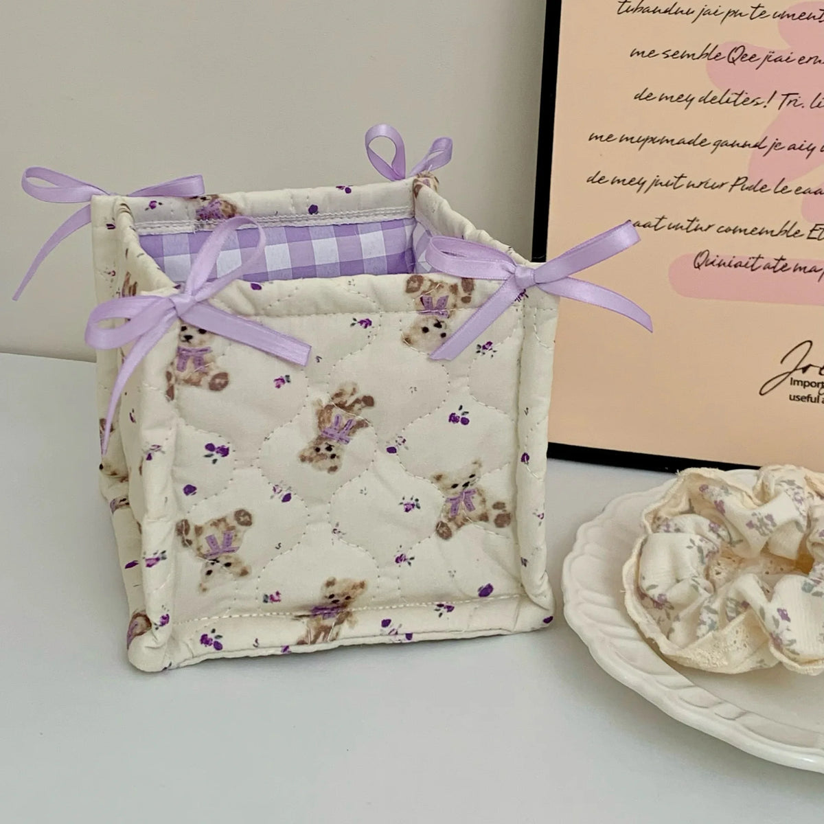 paniers rangement vichy ours fleurs blanc rose violet texturés rubans décoratifs organisateur cosmétiques