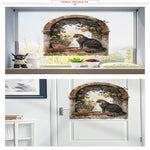 autocollant mural vintage paysage fenêtre volets bleus plantes vertes guirlande fleurs chat niche naturel
