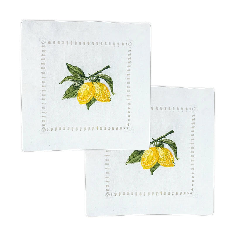 serviettes coton brodées citrons blancs classiques usage maison restaurant decoration table mariage