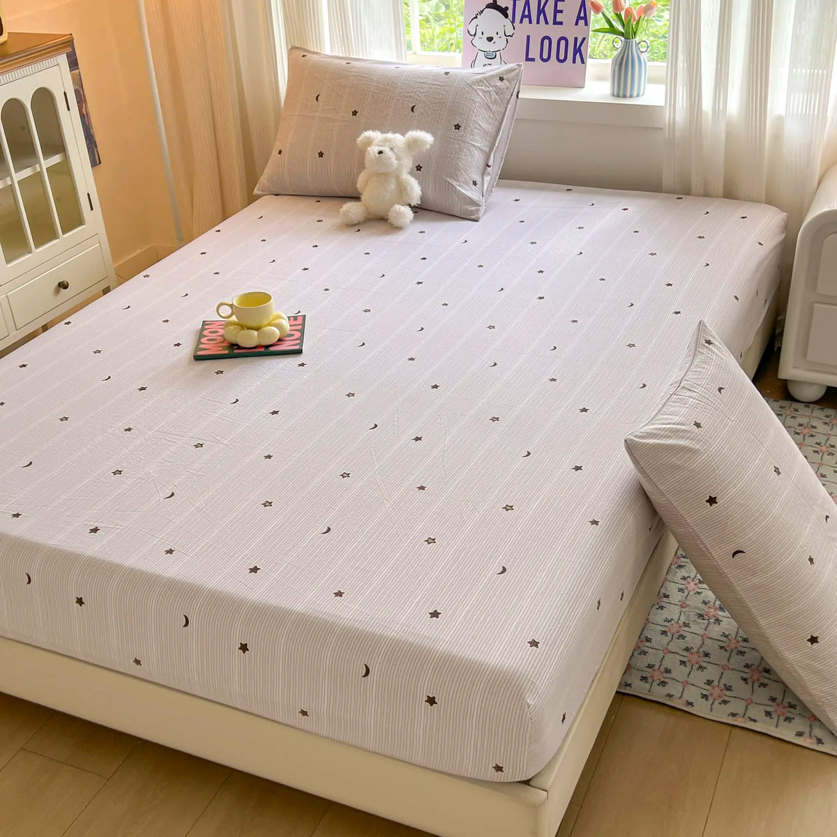 draps lit rayés gris moderne élastique coton polyester adultes housse lit coussins tasse plateau