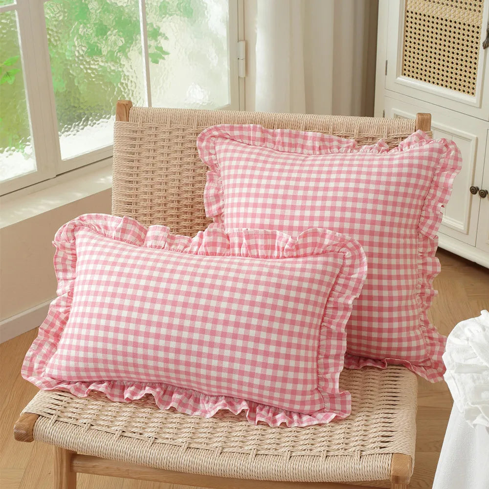housse coussin coton carreaux floral volants lit salon décoration vintage douce bleuclair roseclair jauneclair