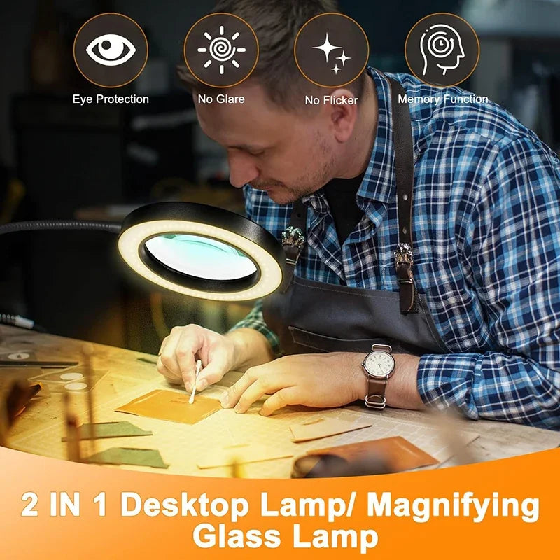lampe multifonctionnelle loupe 10x clip modes couleurs variateur luminosité led noir moderne