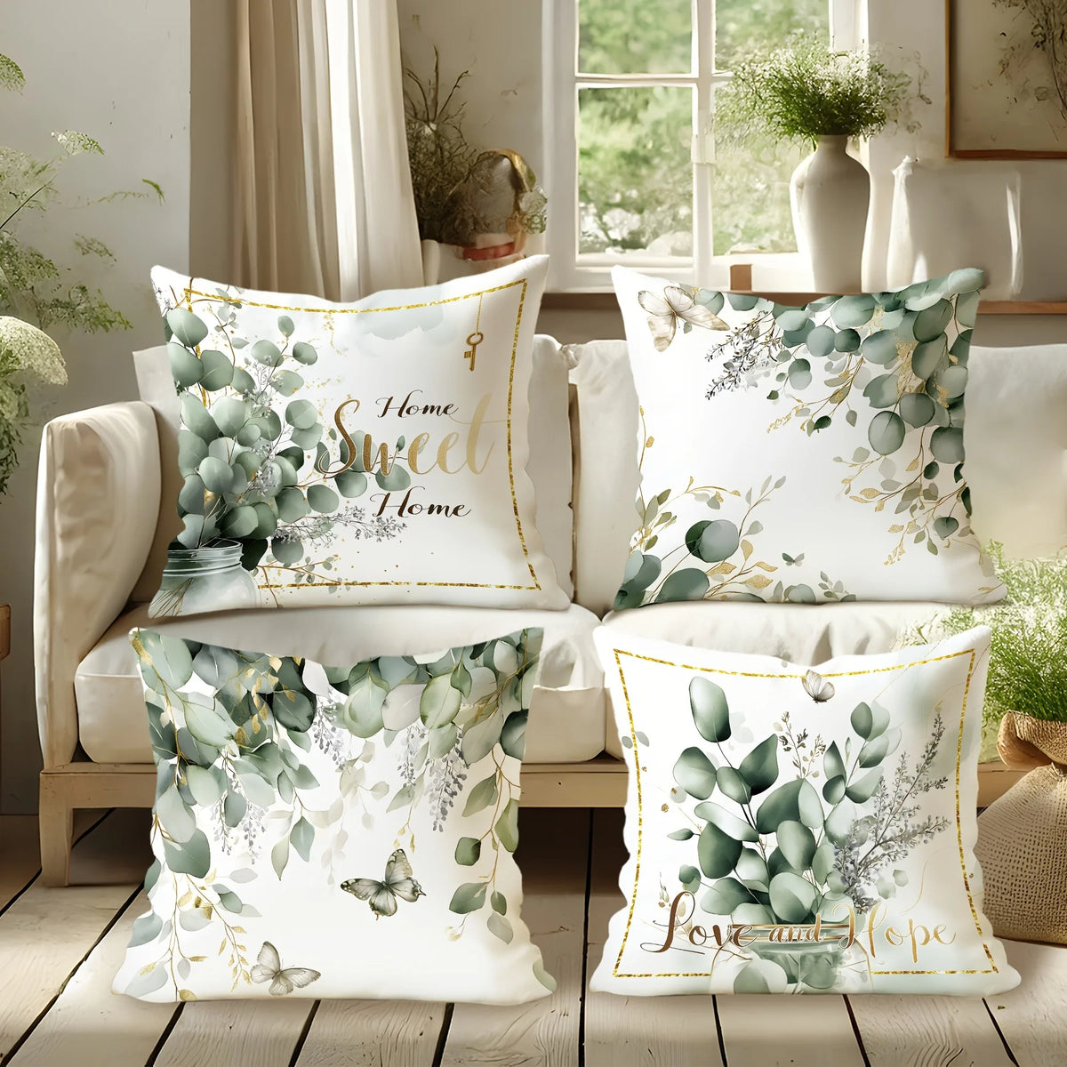 coussin blanc feuilles eucalyptus papillons texte sweet love hope zipper 45x45cm