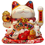 statue chat porte bonheur fleurs chinoises blanc rouge or artisanal décoration