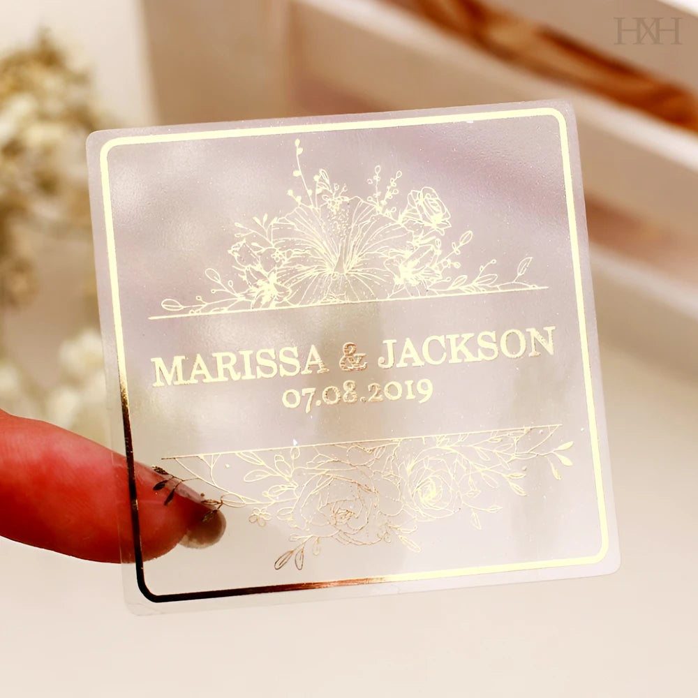 autocollants transparents personnalisables fleurs gravées textes dorés bouteilles pots bougies mariage