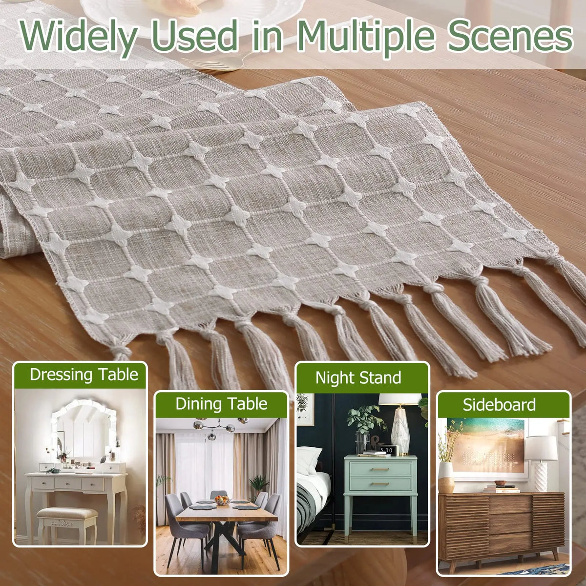 chinois moderne élégant chemin table carreaux blancs tassel lin beige clair
