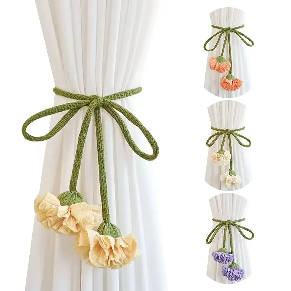 accessoires rideaux bohèmes attaches fleurs tissu coton couleurs vert jaune orange violet