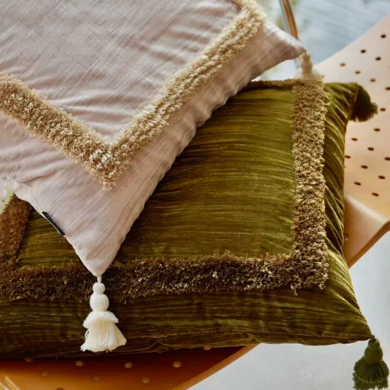 Housse coussin velours rose beige franges vintage 50x50cm lit salon décoration farmhouse élégante