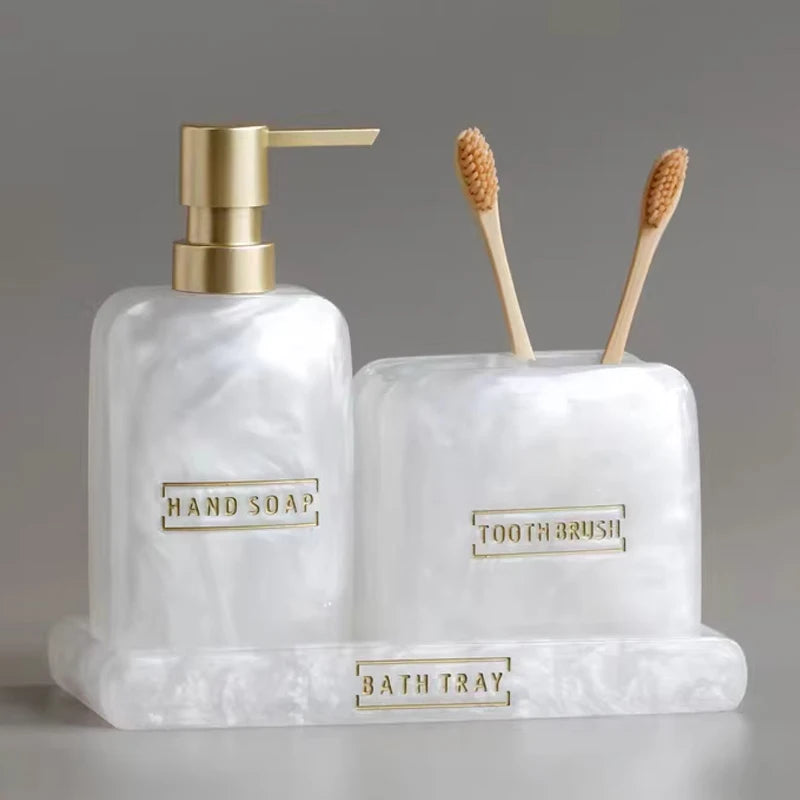 ensemble salle bain blanc or marbre moderne brosse dents savon pompe plateau rangement