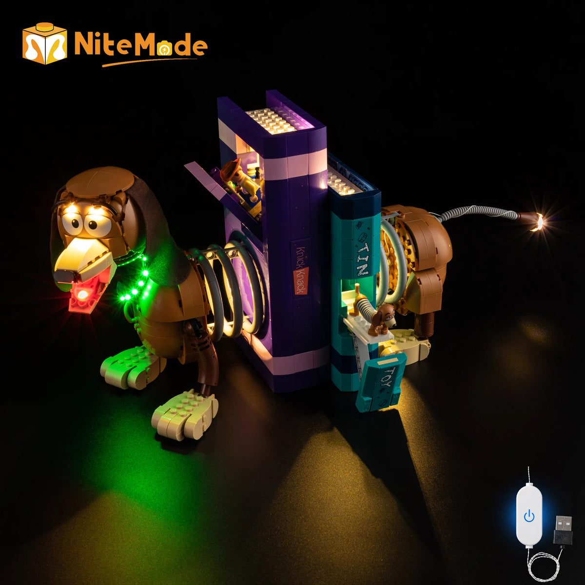 éclairage led figurine chien lego marron vert bleu brillant adhésif moderne technologie rangement miniature