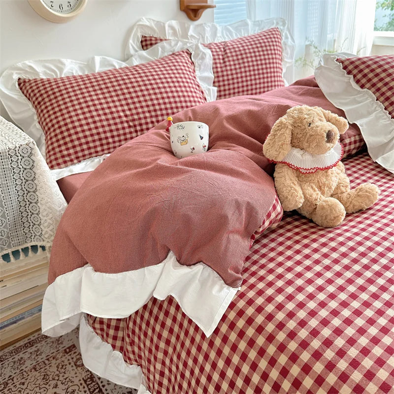 housse couette carreaux rouge blanc vintage romantique pièces 180x210cm 200x200cm 220x240cm
