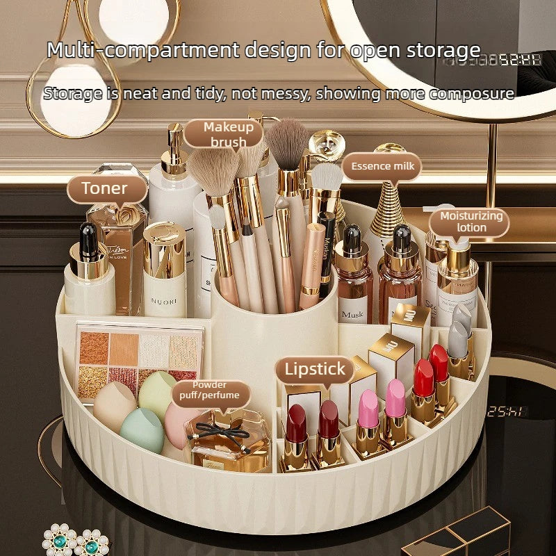 organisateur maquillage rotatif beige rayures moderne brosse parfum crème poudre rouge palette