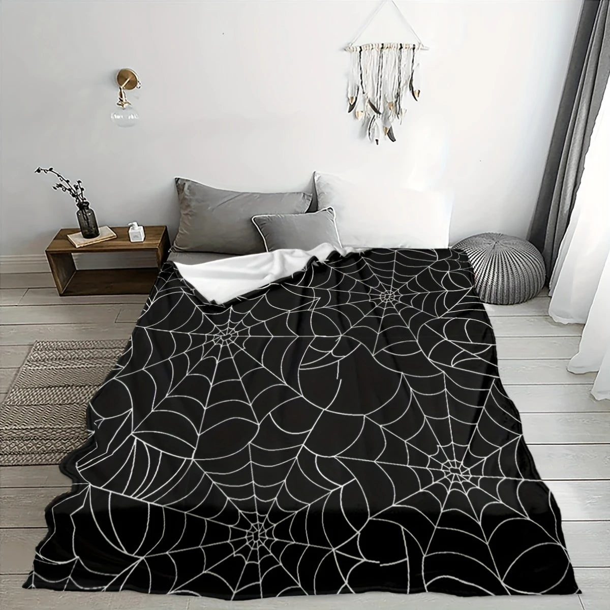 couverture polaire polyester moderne toile araignée noire blanc halloween gothique portable maison voyage