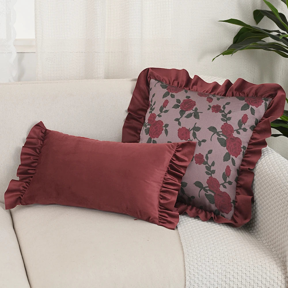 taies d'oreiller jacquard fleur roses rouges feuilles vertes vintage opacité fixation oreillettes maison lit