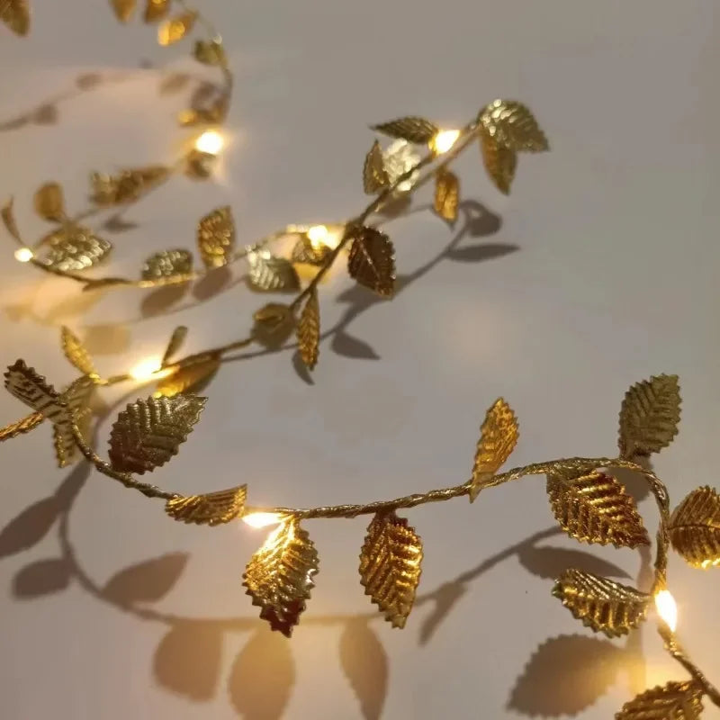guirlande lumineuse feuilles dorées mariage anniversaire décoration classique 20LED 2m festive noël opaques
