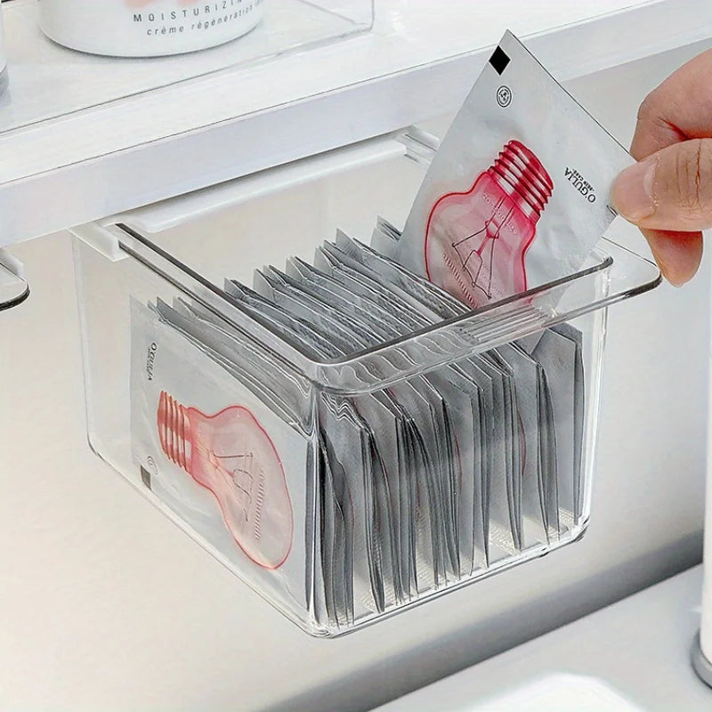 boîtes rangement transparentes modernes adhésives réutilisables coton tiges coton masques beauté salle bain