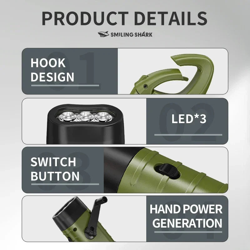 lampe torche solaire vert olive rechargeable rayures horizontales mode fixation annexe chargeurs camping