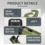 lampe torche solaire vert olive rechargeable rayures horizontales mode fixation annexe chargeurs camping