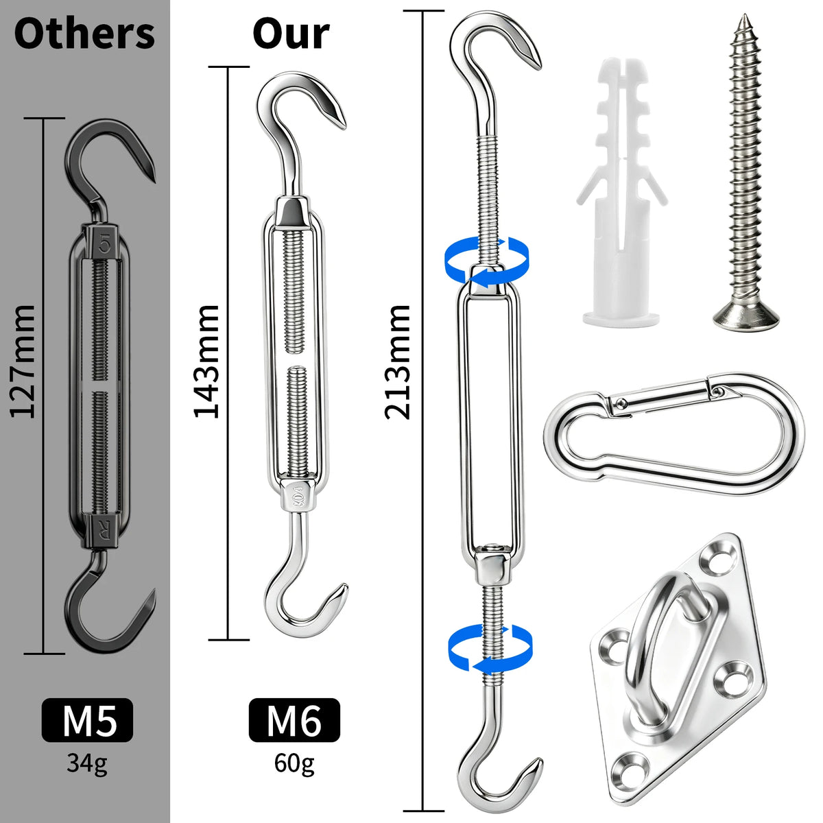 fixation tissus vis turnbuckle pad eye snap hook expansion plastique kit industriel robusteextérieur camping