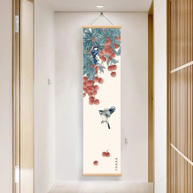 tableau suspendu traditionnel floral oiseaux fleurs fruits branches beige bleu rouge noir violet rose