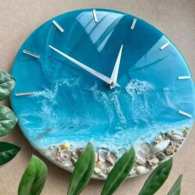 moule silicone grande taille horloge décoration murale résine époxy bleu turquoise blanc contemporain artistique