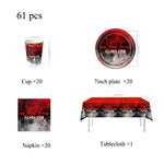décoration fête thème halloween arbre nu serviettes assiettes tasses bannières rouge noir
