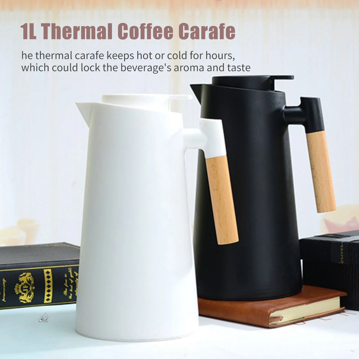 carafe thermique blanc vert pastel rose pâle noir poignée bois ouverture fente bouchon évacuation