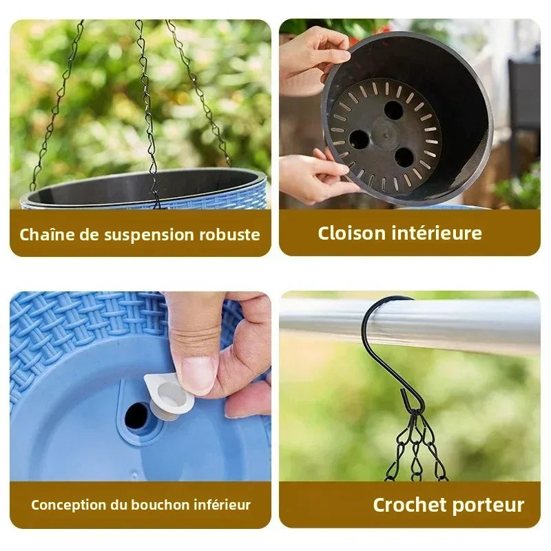pots suspendus tressés noir blanc bleu moderne crochet chaine cloison autoarrosant