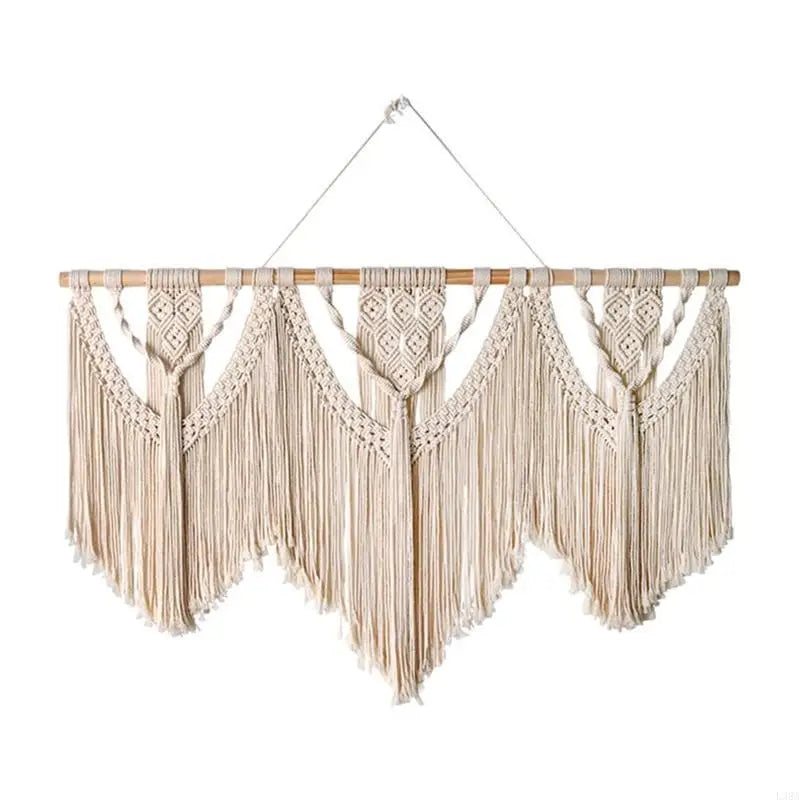 tapisserie macramé boho chic beige clair motifs géométriques franges crochet bois chambre salon