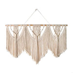 tapisserie macramé boho chic beige clair motifs géométriques franges crochet bois chambre salon