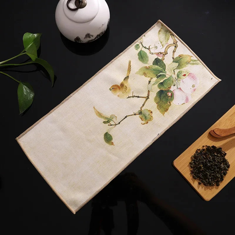 serviettes thé vert bleu beige peinture chinoise motifs floraux art traditionnel zipper cuisine