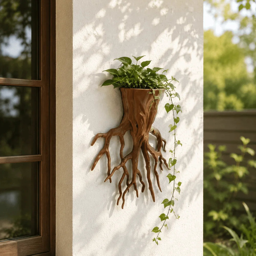 pot fleurs mural forme tronc arbre racines apparentes imitation bois texture rugueuse naturel rustique