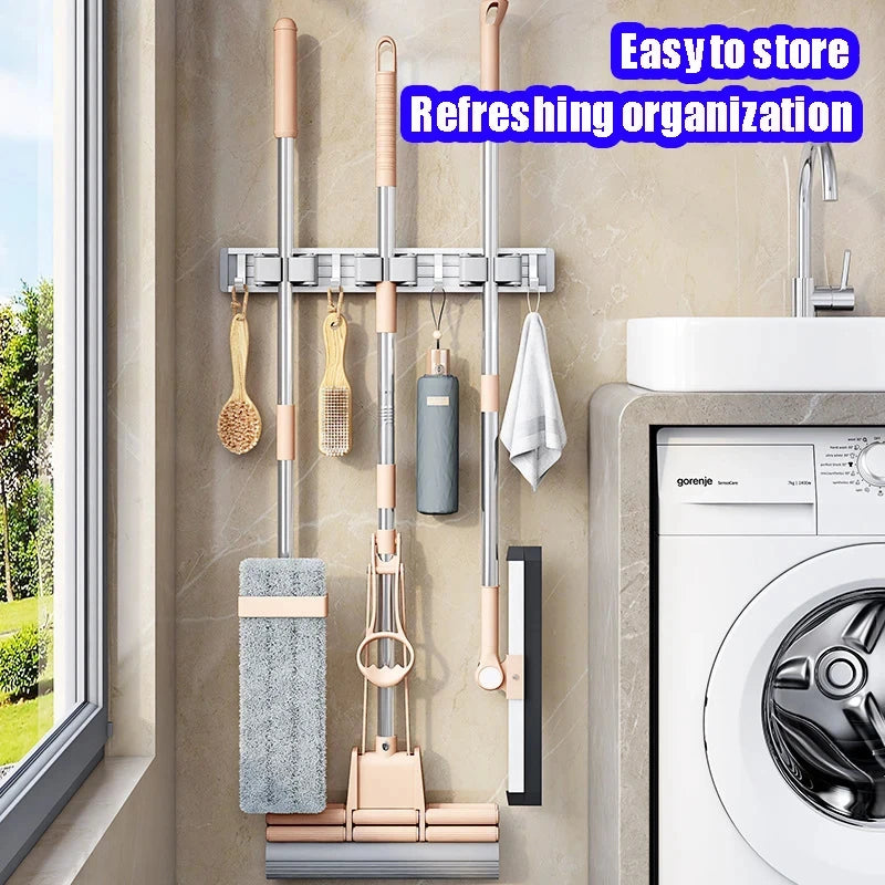 porte balai mural moderne adhésif gris blanc noir Brosse balai gant serviette spray