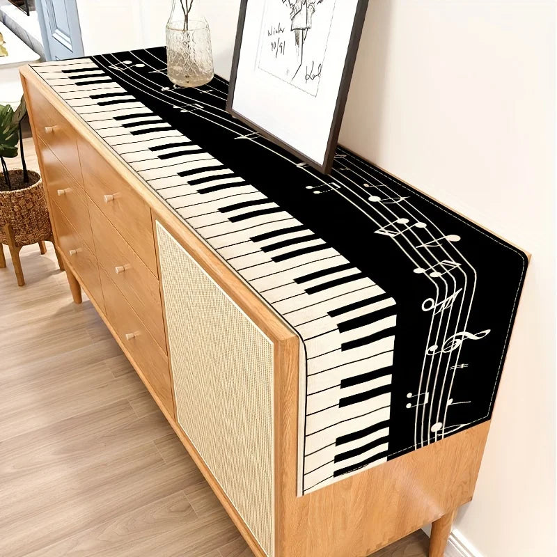 tableau chemin table lin noir blanc notes piano moderne decorative anniversaire assiettes fruits vase