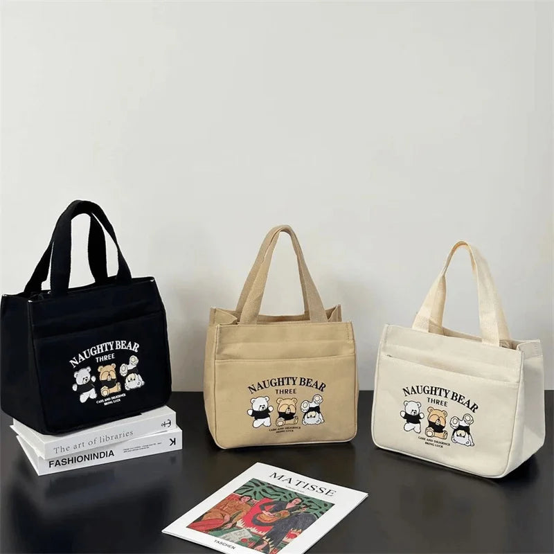 sac cabas toile imprimée ours dessin animé noir crème blanc mignon décontracté poche avant