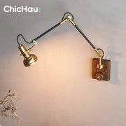 Applique murale orientable en cuivre et noyer, bras long 360°, abat-jour coloré, pour chambre